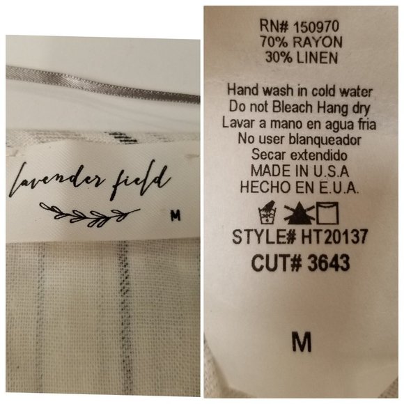 Lavender Field Womens Top Blouse Size M Striped Linen Cropped Bell Sleeve V-Neck - Picture 4 of 8